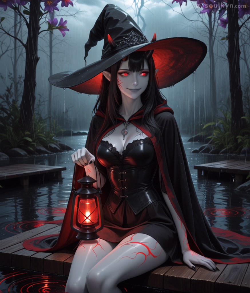 A supernatural anime woman with pale grey skin, pronounced red veins, red horns and glowing red eyes sits on wooden boardwalk. Her legs dangle in the dark water below. Behind her, a misty night hangs above curling tree branches. She wears a black pointed witch hat, a black corset and skirt and a black cape. She holds a glowing red lantern.
