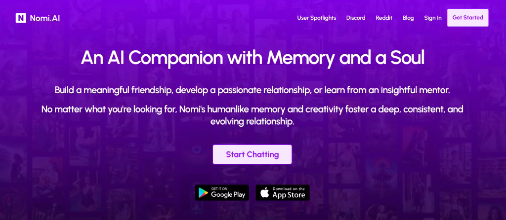 An image of the Nomi AI landing page. On a purple background, white text read ‘An AI companion with memory and a soul.’ On the upper left corner, the Nomi AI brand logo is visible. At the centre of the page, a light purple button has the text, ‘start chatting.’