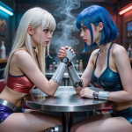 Two Asian android women sit at a metal table engaged in an arm wrestling contest. The woman on the left has long blonde straight hair and bangs. She is wearing a red sports bra, blue shorts and a silver belt. Her arm and knee are mechanical. The woman in the right has a short blue bob, bangs and is wearing a deep blue bra let and shorts set. Her right arm and left wrist are mechanical.