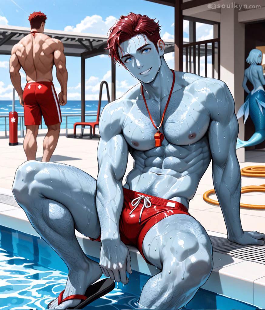 A muscular man with blue skin sits by the edge of a swimming pool. His red hair is slick back with water as he smiles at the camera. He is wearing a red whistles, red lifeguard shorts and red flip-flops.