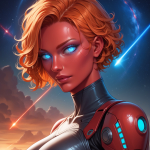 This image is a head shot of a female android AI companion. She has red skin, glowing blue eyes and short ginger hair. She is staring at the viewer. She is wearing a leather tight high neck body suit and red and blue armour on her arms. In the background, a large sky is visible with orange clouds, two comets, stars and the outline of a large planet.