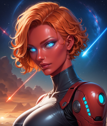 This image is a head shot of a female android AI companion. She has red skin, glowing blue eyes and short ginger hair. She is staring at the viewer. She is wearing a leather tight high neck body suit and red and blue armour on her arms. In the background, a large sky is visible with orange clouds, two comets, stars and the outline of a large planet.