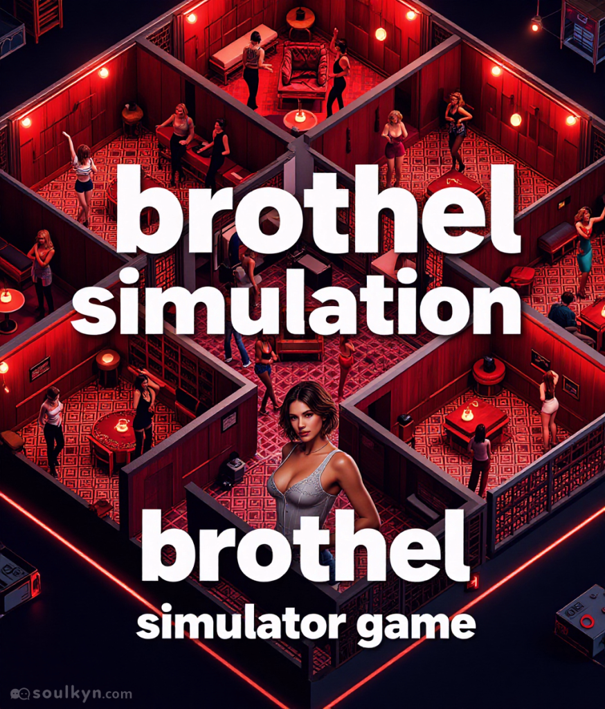 An AI companion stands in the center of the image. She is wearing a tight, silver diamond laced plunging v-neck. In the background, there is a 3D floorplan of a house. The house has several rooms with couches, chairs, tables and lamps. It is populated by women in high heels and dresses. The words ‘brothel simulation – a brothel simulator game,’ appear in bold white font in the center of the image.