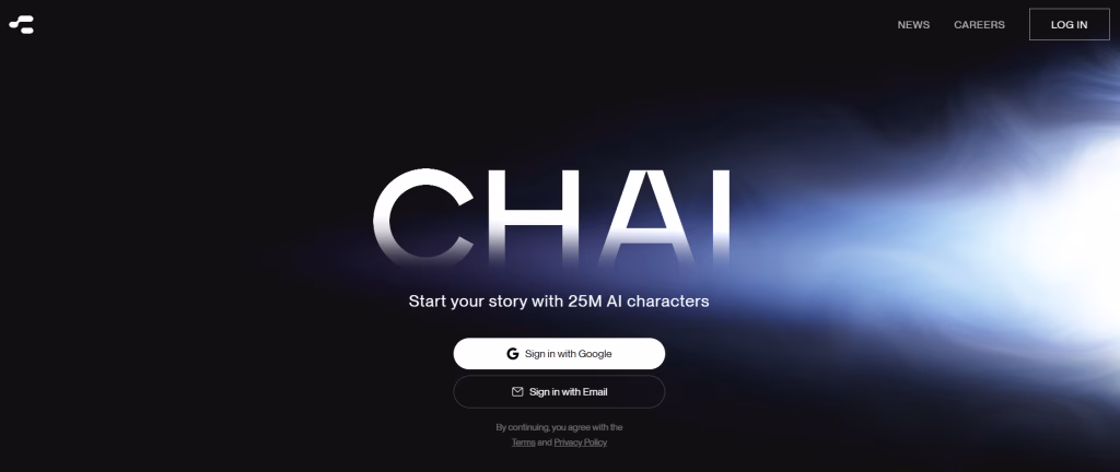 A screenshot of the Chai AI landing page. The Chai logo appears in large white font in the middle of the page. Under it, there is smaller text that reads, ‘Start your story with 25m AI characters.’ Under the text, there is a button to sign in with Google and a button to sign in with your email address. The text appears on a black background with a burst of white light that appears on the right of the landing page.