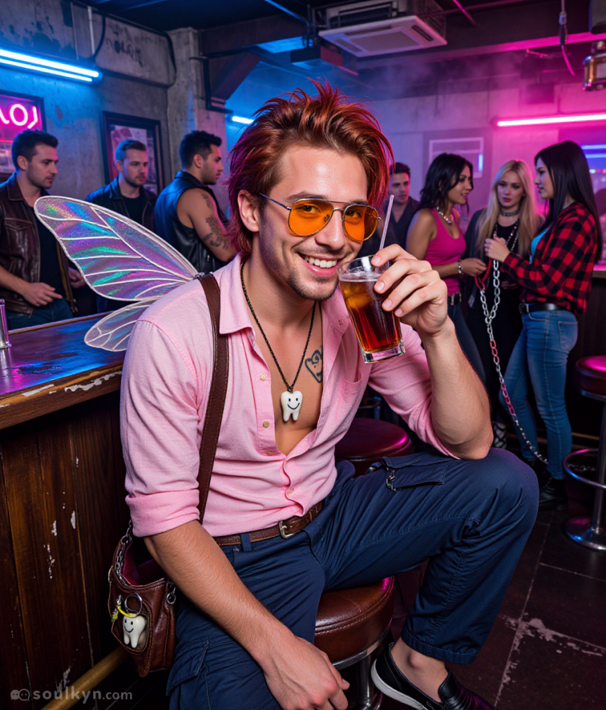 An image of a male AI companion sitting in a crowded bar. He has tanned skin, red, washed-out hair, brown eyes and perfect white teeth. He is stylishly dressed in a pink linen shirt, dark blue denim trousers and boat shoes. He has a set of pearlescent wings and accessorizes with a tooth-shaped necklace and a similar keyring on his brown leather bag. He smiles at the camera as he brings his drink to his lips.