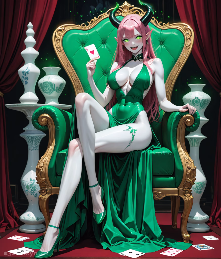 An anime AI companion sits on a plush green chair with warm, gold trim. She has dark green horns, long pink hair, elven ears and bright green eyes. Her skin is pale white. She wears and long green, plunging gown with high slits on each side and black high heels. Around her neck, she wear a black choker necklace. Her high heels are green and she has a green, intrinsically designed tattoo on her right thigh. Playing cards are scattered across the floor.