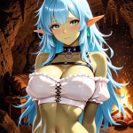 An image of an AI companion contest winner, Nixi BriarBell. This anime character has green skin, long pointed elf ears, big green eyes and long blue hair. She is standing in a cave. Behind her there is a chair and a roaring fire. She is blushing at the viewer.