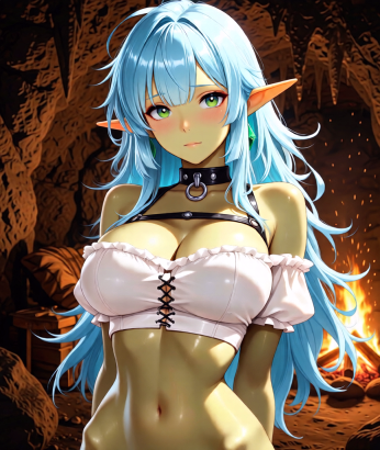 An image of an AI companion contest winner, Nixi BriarBell. This anime character has green skin, long pointed elf ears, big green eyes and long blue hair. She is standing in a cave. Behind her there is a chair and a roaring fire. She is blushing at the viewer.