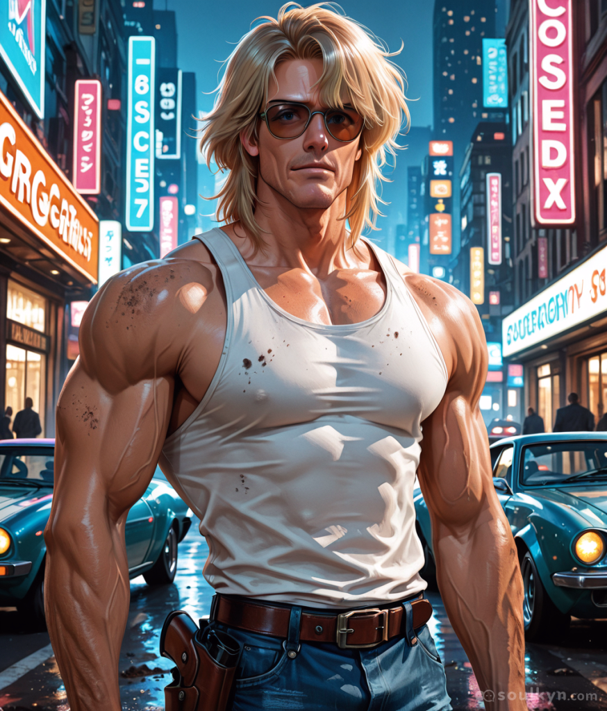 A muscular anime AI companion with blonde hair standing in a busy city street. He is wearing a tight white tank top splattered with black oil stains. Strapped to his denim jeans is a gun in a holster. He is wearing brown sunglasses. The city is lit with vibrant advertisements and classic cars line the street behind the AI companion.