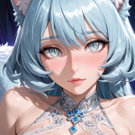An image of a close up shot of a female anime AI companion’s face and necklace representing the new AI characters on Soulkyn. The companion has large, gray cat eyes, layered light blue hair with a fringe and red blush. At the top of her head, large blue and white cat ears poke out from between her hair. Her necklace is comprised of blue sapphires, diamonds and silver.