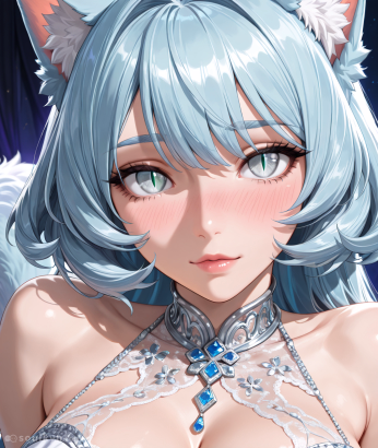 An image of a close up shot of a female anime AI companion’s face and necklace representing the new AI characters on Soulkyn. The companion has large, gray cat eyes, layered light blue hair with a fringe and red blush. At the top of her head, large blue and white cat ears poke out from between her hair. Her necklace is comprised of blue sapphires, diamonds and silver.