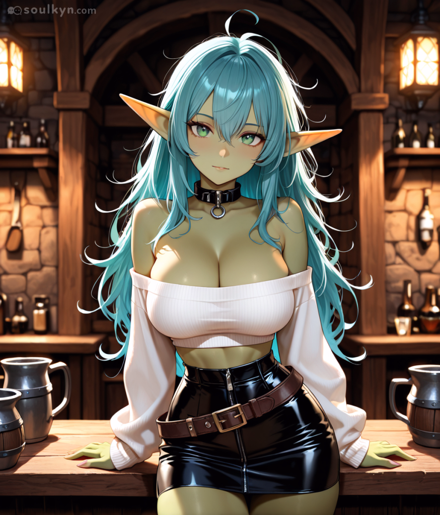 A green anime AI companion with pointed elf ears stands by a wooden table in a tavern. She has long layered blue hair, a fringe and green eyes. She is wearing a black choker necklace, a white crop top with baggy sleeves, a tight black leather skirt and a loose brown leather belt.