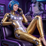 A female android with golden armour reclines of a chair, representing Soulkyn AI companions. She is wearing a silver leotard and has short blue hair and a fringe. Behind her, a male robot wearing an apron is tending to the household chores. The female android is smiling as she talks on the phone.
