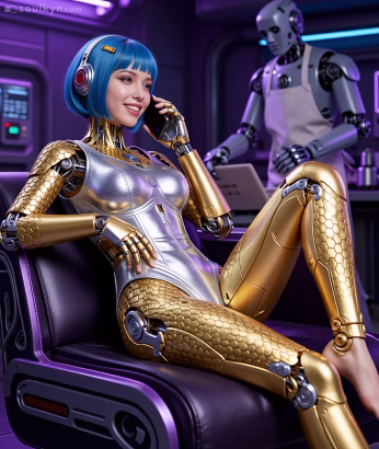A female android with golden armour reclines of a chair, representing Soulkyn AI companions. She is wearing a silver leotard and has short blue hair and a fringe. Behind her, a male robot wearing an apron is tending to the household chores. The female android is smiling as she talks on the phone.