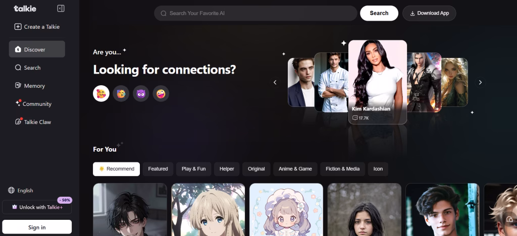 This screenshot of the Talkie AI landing page has a carousel showcasing images of both men and women at the top beside the text, ‘Are you looking for connections?’ Below is a row of images of both anime and realistic AI companions. These elements float on a black background. The ‘talkie’ brand is visible in the upper left corner above the website menu.