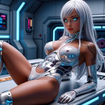 An AI companion lays on her back on a metal table in the spaceship lab. She is a half human, half android hybrid. Her arms, legs and torso are robotic, while the rest of her body is human. She has long white hair with a sweeping side fringe, blue glowing eyes and plump lips. She is staring at the viewer seductively.