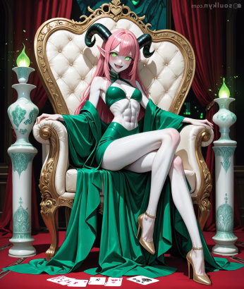 An anime AI companion sits of a plush white chair with gold trim. She has dark green, curled horns, long pink hair, bright green eyes and elven ears. Her skin is pale white. She wears a green bikini top and matching skirt with high slits on each side and golden high heels. Green flames top the two blue and white china vases on either side of her chair. Playing cards are scattered along the ground.