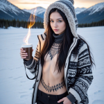 A female AI companion stands in the middle of a snowy clearing. In the background, pine trees and snow-capped mountains are visible. She has long black hair, hazel eyes and delicate features. She is wearing a patterned hooded jacket, a scarf, and black jeans. Her jacket is open, revealing tribal tattoos around her chest and stomach. She is holding a coffee cup. The steam from the coffee looks like golden flames.