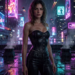An image of a photorealistic AI girlfriend standing on a rooftop in a neon-lit city. The AI companion has shoulder-length brown wavy hair, brown eyes and glistening tanned skin. She is wearing a black leather corset and matching black leather pants. Glowing advertisements light the night sky in the background.