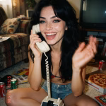 A female AI companion is talking on a landline telephone, representing NSFW AI voice calls. She has long black hair, a parted fringe and blue eyes. She is sitting on the floor of a 90’s retro living room. Around her, a pizza box, cans of cola and magazines are scattered on the shag carpet. She is wearing a stripped bikini top and denim shorts.
