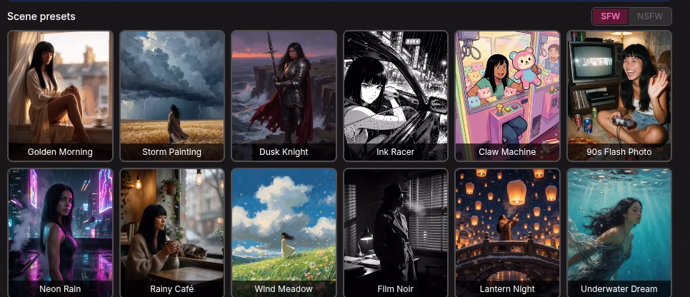 A screenshot displays a series of ten images; each showcasing a different preset scene and its corresponding text on a black background.