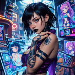 An AI companion stands in the middle of a futuristic room representing the Soulkyn Discord. She has shoulder-length black hair, a fringe, has blue eyes and is wearing black lipstick. She has tattoos on her left arm and is wearing a purple leather crop top. Around her, the room in filled with screens depicting anime style AI companions.