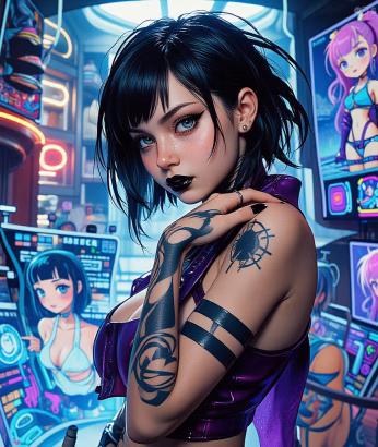 An AI companion stands in the middle of a futuristic room representing the Soulkyn Discord. She has shoulder-length black hair, a fringe, has blue eyes and is wearing black lipstick. She has tattoos on her left arm and is wearing a purple leather crop top. Around her, the room in filled with screens depicting anime style AI companions.