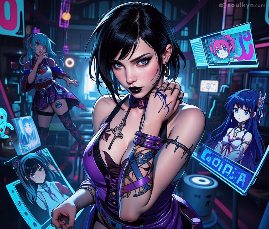 An AI companion stands in the middle of a futuristic room surrounded by floating screens. She has shoulder-length black hair, a fringe, has blue eyes and is wearing black lipstick. She has tattoos on her left arm and hand as well as her chest. She is wearing a purple and black leather crop top and a matching collar. Around her, the room in filled with screens depicting anime style AI companions.