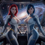 Two female AI companions stand on the cockpit of a spaceship. The milky way and a series of stars are visible beyond the windscreen. The AI companions are wearing spaceship uniforms. The AI companion on the left has vibrant long red hair and blue eyes. Her uniform is gray and navy with yellow bands on her hips, wrists and her thigh. The companion on the right has a blue bob haircut and a sweeping fringe. Her uniform is grey and light blue with gray bands on her hips, wrists and her thigh.