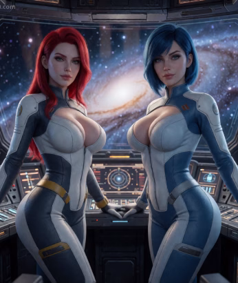 Two female AI companions stand on the cockpit of a spaceship. The milky way and a series of stars are visible beyond the windscreen. The AI companions are wearing spaceship uniforms. The AI companion on the left has vibrant long red hair and blue eyes. Her uniform is gray and navy with yellow bands on her hips, wrists and her thigh. The companion on the right has a blue bob haircut and a sweeping fringe. Her uniform is grey and light blue with gray bands on her hips, wrists and her thigh.