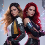 Two female AI companions stand back-to-back in a white room surrounded by semi-transparent floating graphics representing an AI roleplay platform. The AI companion on the left has long, wavy blonde hair with dark roots and dark blue eyes. She is wearing a short red, black and white motorcycle jacket, a white tank top and black leather pants. The AI companion on the right has long wavy vibrant red hair, dark blue eyes and is wearing red lipstick. She has a digital armband on her upper right arm. She is wearing a V-neck sleeveless crop top, black detached sleeves and black leather pants.