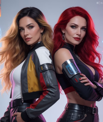 Two female AI companions stand back-to-back in a white room surrounded by semi-transparent floating graphics representing an AI roleplay platform. The AI companion on the left has long, wavy blonde hair with dark roots and dark blue eyes. She is wearing a short red, black and white motorcycle jacket, a white tank top and black leather pants. The AI companion on the right has long wavy vibrant red hair, dark blue eyes and is wearing red lipstick. She has a digital armband on her upper right arm. She is wearing a V-neck sleeveless crop top, black detached sleeves and black leather pants.