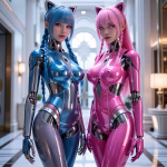 Two female AI companions stand side by side in a well-lit white marble hallway. They appear to be androids with robotic torsos and arms. The rest of their bodies are covered in robotic armor. The companion on the left has blue hair tied in four plaits, blue eyes, and blue armor. The companion on the right has pink eyes, long pink hair that flows past her shoulders, and pink armor. Both companions wear headbands with jeweled cat ears.