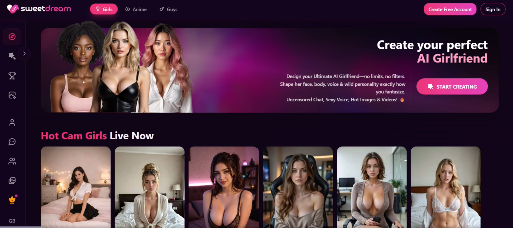 The SweetDream AI landing page is on a dark purple background. The menu and icons are a vertical line on the left. The SweetDream AI logo is at the top left side of the page beside the buttons; ‘Girls,’ ‘Boys’ and ‘Guys.’ The top banner image shows three women grouped together along with the text, ‘Create your perfect AI Girlfriend,’ and the button, ‘Start Creating.’ Below is a carousel of images featuring female AI companions.