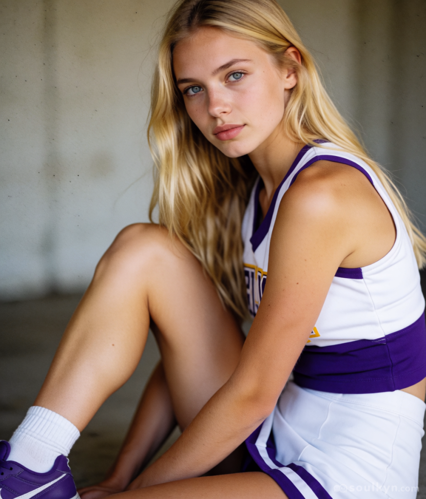 An image of a female AI companion sitting on the ground. The camera is on her left side, capturing her side profile. She is wearing a white tennis top, skirt, socks and trainers. She is sitting on the ground. She has long blonde hair and cool blue eyes. She stares at the viewer.