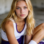 A close up of a realistic female AI companion in a blue and white tennis top, skirt, socks and trainers. She is sitting on the ground. The image, shot from slightly above her, shows her head, torso, arms and legs. She has blonde hair and cool blue eyes. She stares at the viewer.