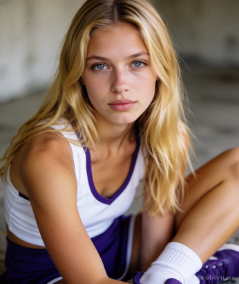 A close up of a realistic female AI companion in a blue and white tennis top, skirt, socks and trainers. She is sitting on the ground. The image, shot from slightly above her, shows her head, torso, arms and legs. She has blonde hair and cool blue eyes. She stares at the viewer.