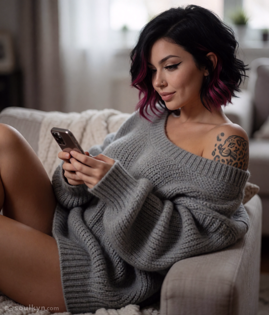An AI companion lays on a grey couch, looking at her phone. She has black and purple hair, and wears a nose ring. A tattoo of a leopard is visible on her left arm. She is wearing a large grey knitted sweater.