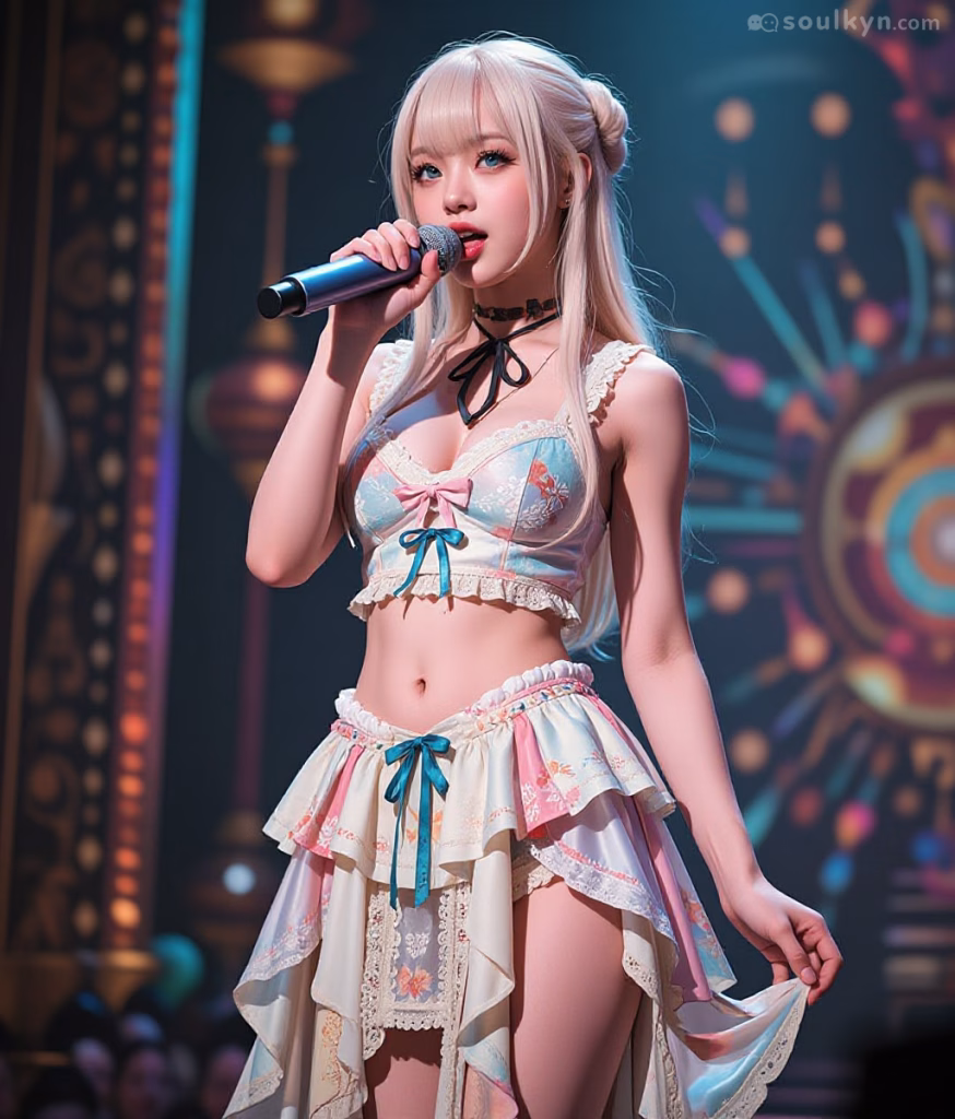 An AI companion stands in the middle of a stage holding a microphone against a colourful background. She has blonde hair and blue eyes. She is wearing a black ribbon necklace, a silk frilly blue and pink bodice with bows and a pink, cream and blue frilly layered skirt.
