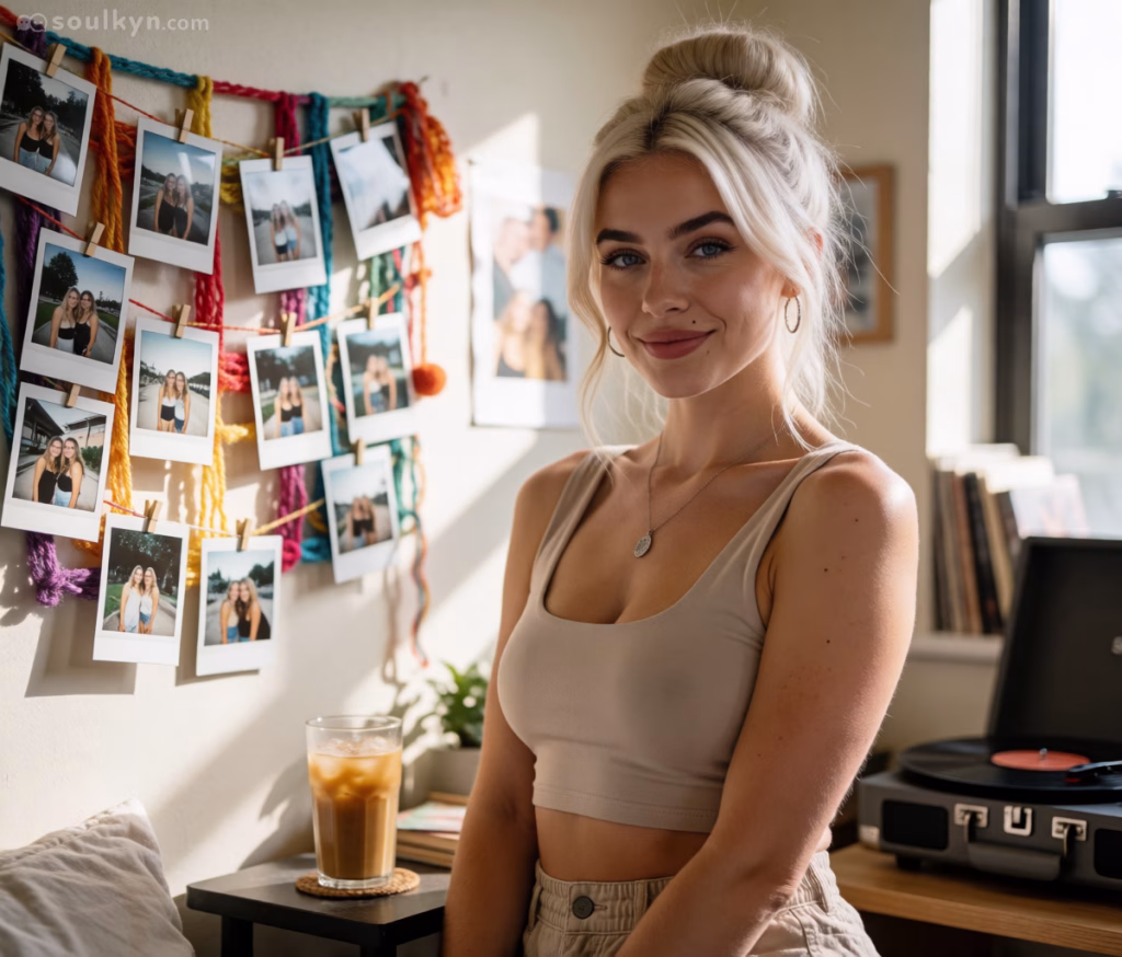 A beautiful blonde AI companion stands in the middle of a sunlit bedroom. The wall to her right has a collection of Polaroid images hung with pegs onto colourful yarn. She is wearing gold hoop earrings, a necklace, a white crop top and cream pants.