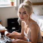 A beautiful blonde AI companion is organising photographs, representing AI images. Her hair is tied in messy bun. She is sitting by a low desk, handling some Polaroid images. A record player and bed are visible in the background.