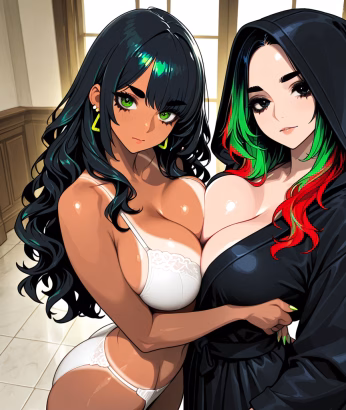 Two anime AI companions stand in a doorway, posing together. The AI companion on the left has dark green hair and green eyes and is wearing white lingerie. The AI companion on the right has green and red hair, black eyes, and is wearing black silk lingerie.