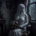 A ghostly AI companion sits in an abandoned Victorian living room representing a custom AI character for the misery loves company contest. She has white skin, long white hair and black eyes. She is wearing a white wedding dress and holding a bouquet of dead flowers. Staring out the rain-soaked window, black tears streak down her face.