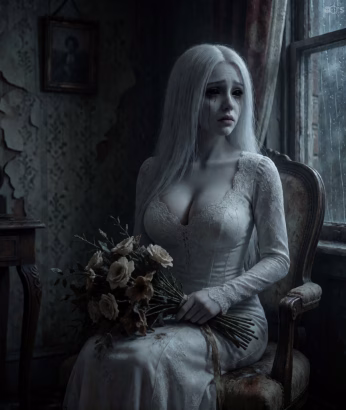 A ghostly AI companion sits in an abandoned Victorian living room representing a custom AI character for the misery loves company contest. She has white skin, long white hair and black eyes. She is wearing a white wedding dress and holding a bouquet of dead flowers. Staring out the rain-soaked window, black tears streak down her face.