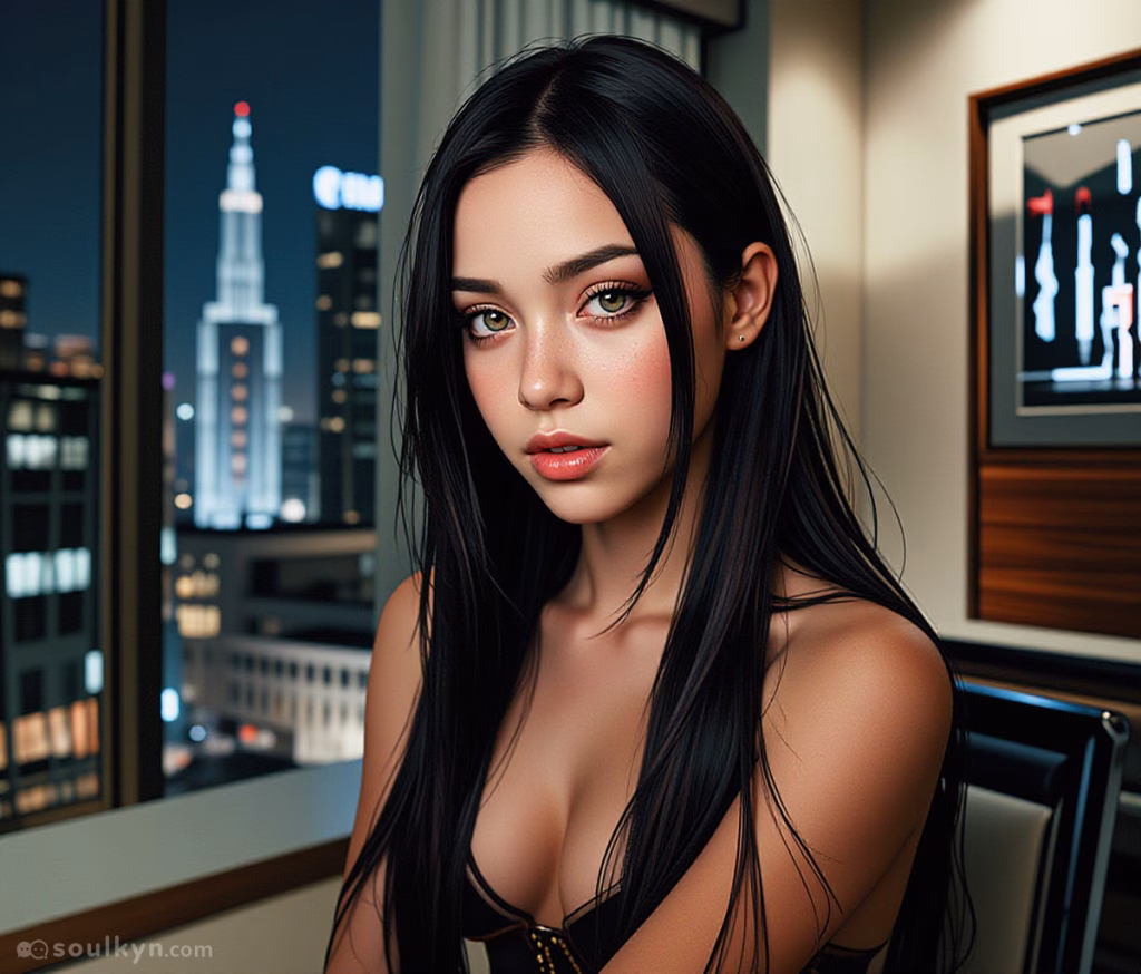 A close up image of a beautiful AI companion as she stares at the viewer. She has long dark hair, warm green eyes and is wearing a low cut corset top with a golden zipper in the center. She is sitting by a window that shows a view of a modern, well lit city at night. The room around her is luxurious with cream walls, dark brown panels and a framed computer screen set into the wall.