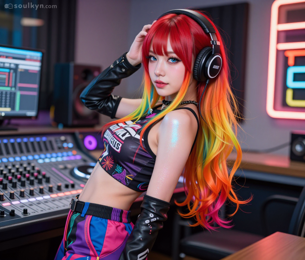 An AI companion with colourful long hair and big blue eyes is standing in the middle of a modern music studio. She is wearing a colourful crop top, unattached black leather sleeves, matching trousers, and is wearing headphones.