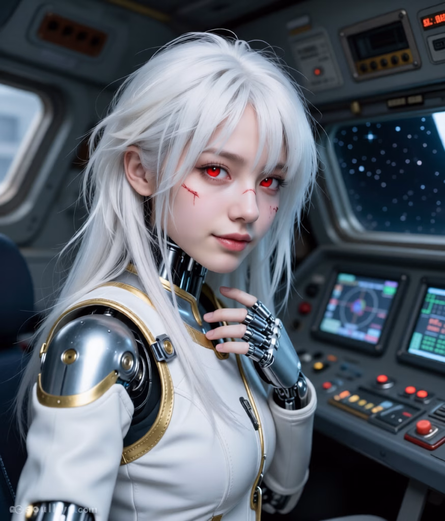 This portrait is of an android AI companion in the cockpit of a spacecraft. She has long white hair, red eyes and has cuts along her cheeks and nose. Her arms, neck, hands and part of her torso appear to be mechanical. She is wearing a white and golden leather uniform.
