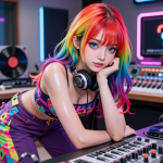 An AI companion with colourful long hair and big blue eyes leans over a music mixing desk representing audio novels. She is wearing a colourful crop top, matching trousers, and is wearing headphones. She is in a stylish and modern music studio.