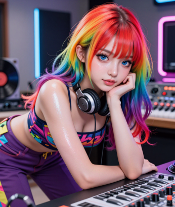 An AI companion with colourful long hair and big blue eyes leans over a music mixing desk representing audio novels. She is wearing a colourful crop top, matching trousers, and is wearing headphones. She is in a stylish and modern music studio.