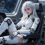 An android AI companion relaxes on black leather chair in the cockpit of a spacecraft representing Soulkyn AI. She has long white hair, red eyes and has cuts along her cheeks and nose. Her arms, legs, neck and part of her torso appear to be mechanical. She is wearing a white and golden leather uniform.